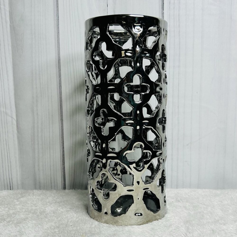 Apropos Modern Style Trellis 10.5" Tall Pillar Candle Holder Metallic Silver
